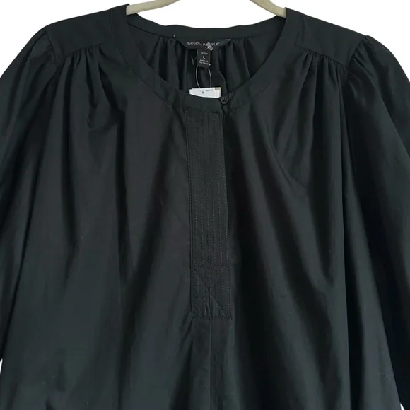 Black Cotton Poplin Belted Shirt Dress Banana Republic Factory Petite L NWT